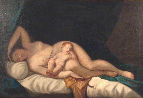RENI, Guido. (Escuela). Desnudo femenino con cupido, leo sobre tela. 1, 30 x 0, 88. (Restauraciones)