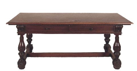 Mesa inglesa refectorio, tallada, dos cajones, saltaduras