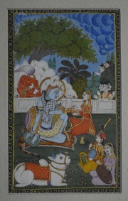Miniatura, pintura Mogol ilustrando Deidades del panten Hindu (Shiva y su familia). Mide: 20 x 11 cm.