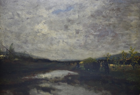 Berkes, Antal, Paisaje fluvial con carro y personajes, leo. 71 x 97 cm.