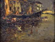 Koek Koek, Barcas en el Muelle, leo 24 x 30 cm.
