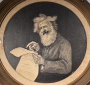 Interior con personajes junto a una mesa, firma ilegible, Oval ; y Personaje lector, circular (Dim.34 cm.) 2 grabados
