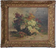 Cauchois, H. Flores en canasta, leo sobre tela. 46 x 55 cm.