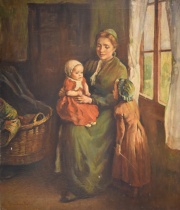 Interior con Madre y nio, leo firmado Willem Hermannus. Pequeas averas. Mide: 70 x 60 cm.