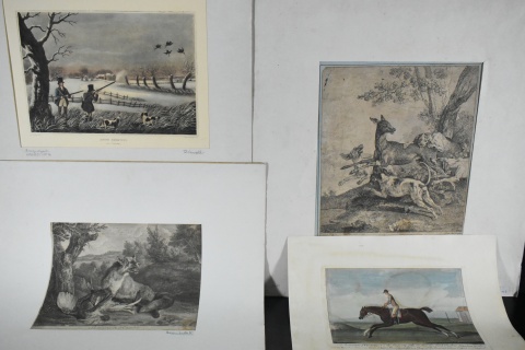 9 Grabados antiguos de Cacera de J.B. Oudry, caballos etc. Sin marco. Casa Veltri.