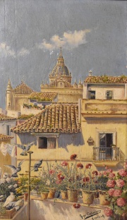 CASERIO DE SEVILLA, leo sobre tabla firmado Arpe Caballero, Sevilla. Mide: 30 x 19 cm.
