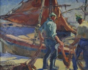 Paisaje costero con pescadores, leo dedicado y fdo. C. Ciocchini. 23 x 28 cm.