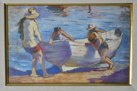 Escena costera con bote y personajes en una playa, leo. 19 x 30 cm.