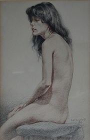 J.Lascano, Desnudo, dibujo, ao 1980 de 30 x 20 cm. Cachet de Gal. Palatina. Expo. 982.