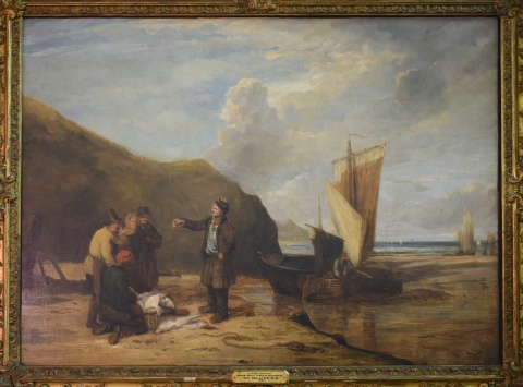 Williams Collins, 'A fish auction on the South coast of Devonshire' leo de 85 x 116 cm. Marco con deterioros.
