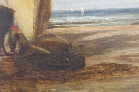 Williams Collins, A fish auction on the South coast of Devonshire leo de 85 x 116 cm. Marco con deterioros.