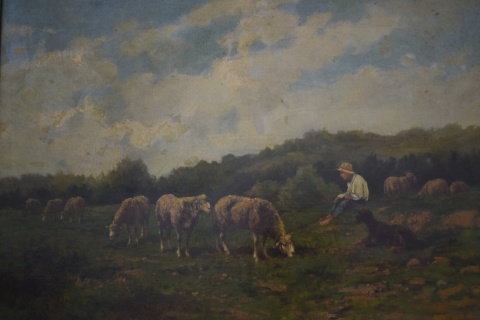 Charpin, Pastor con rebao de ovejas, leo reentelado. 48 x 64 cm.