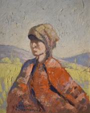 Mujer con manto rojo, leo de Rodrigo Bonome. 42 x 35 cm. Fdo abajo izquierda.