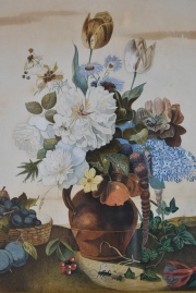Vaso con flores, acuarela annima, manchas. 31 x 23 cm. Marco dorado.