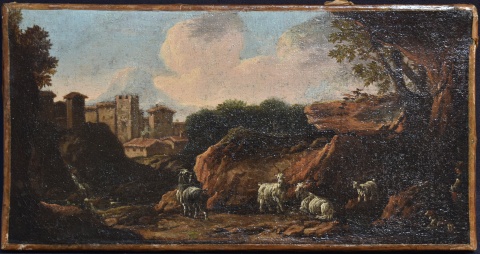 Rosa Da Tivoli, cabras junto a la ciudad, leo sobre tela. Mide 19x36,5cm