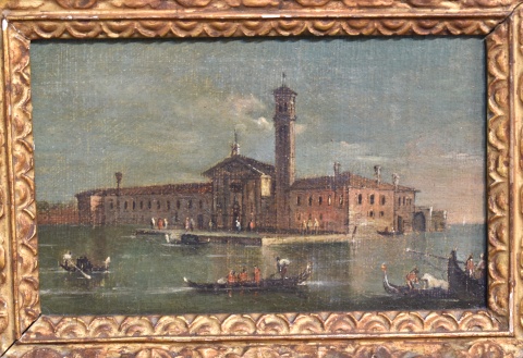 Gndolas en Venecia, leo sobre tela, annimo. Mide 12x19cm
