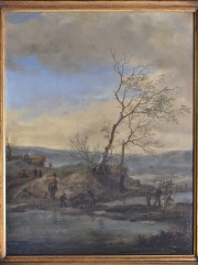 Escuela Holandesa siglo XVIII, Cruzando el arroyo, leo sobre tela. Col. Lorenzo Pellerano. Mide 51 x 39 cm.