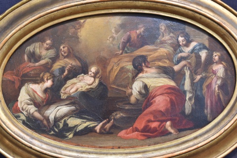 Escena religiosa, leo sobre tabla oval, annimo italiano. 26,5 x 46,2 cm.