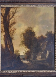 Escuela de Ruysdael, personajes junto a una casa, leo sobre tabla. Mide 42x37 cm