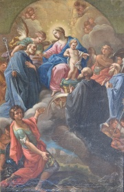 La Virgen y el Nio con santos, leo sobre tela. Mide 65x42,5 cm