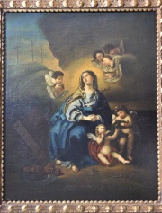 La Virgen con Querubines y los Atributos de la Pasin, leo sobre tela, re-entelado, altoperuano. Mide 65x53 cm