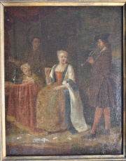 Escuela francesa siglo XVIII Tomando el t., leo sobre tela reentelado. Mide 40 x 32 cm