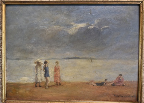 Playa con Personajes junto al mar, leo sobre tabla. Mide 29,5 x 41 cm