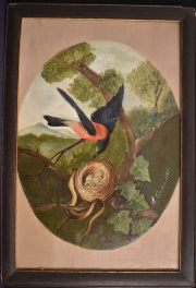 M. Gorostiaga, Defendiendo el nido, leo oval. 60 cm de alto. (390)