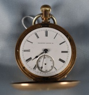 Reloj de Bolsillo Hampden Watch Co. Roturas. Sin apunzonar. En estuche cuero bord. Si es de oro. (571).