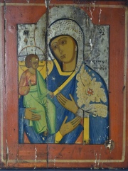 LA VIRGEN Y EL NIO, Icono pintado sobre madera, rajaduras. 36,5 x 29 cm.