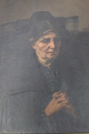 Hugo Oehmichen (1843-1933). Mujer orando, leo sobre tabla, 38X30 cm. Firmado arriba a la derecha