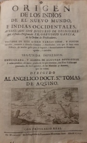 Garca, Gregorio: Origen de los Indios en el Nuevo Mundo. 1 volumen. Desperfectos. Madrid, Ao 1729.