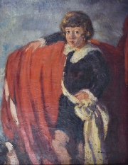 C. Bernardo de Quirs. El Hijo del Patrn (J.L.Pagano (h)) sobre manto federal, leo s/tela, saltaduras. 100 x 78 cm.