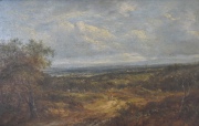 Nasmith. Paisaje, valle con camino y personaje, óleo 30 x 51 cm