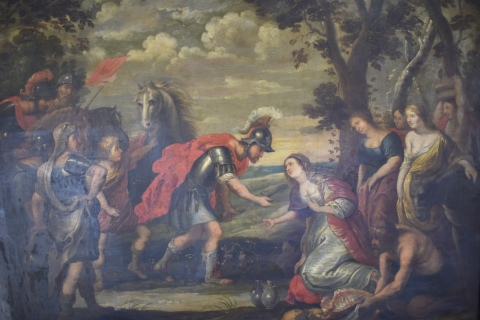 Escuela de Pedro P. Rubens. David y Abigail, leo sobre cobre. 76,5 x 99 cm. Pequeas saltaduras. Col. D. Rocha.