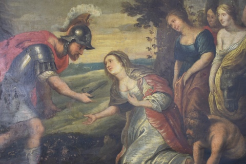 Escuela de Pedro P. Rubens. David y Abigail, leo sobre cobre. 76,5 x 99 cm. Pequeas saltaduras. Col. D. Rocha.