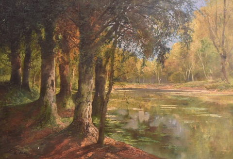 Karl VIKAS. Paisaje fluvial con rboles, leo sobre tela, 91 x 127 cm. cascaduras.