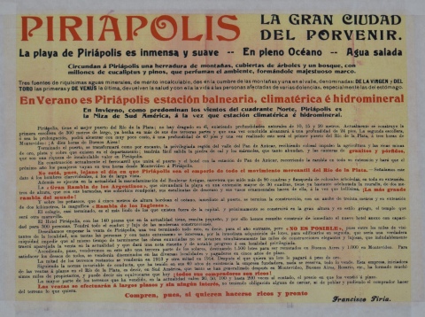 Plano de la Ciudad de Piripolis (Uruguay) de 92 x 72 cm. ilustrado con 20 visitas de la ciudad, Ao 1913. Correspondien
