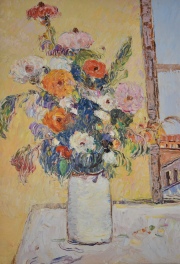 Montoya Ortiz, Flores junto a la ventana, leo, 55 x 46 cm.