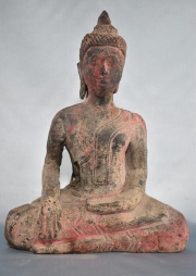 Buda, Figura Hind, talla madera, faltantes. 30 cm.