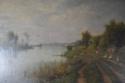 Paisaje fluvial con campesina y patos, óleo firmado P. Wagner Robiez. 45 x 64 cm.