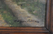 Paisaje fluvial con campesina y patos, leo firmado P. Wagner Robiez. 45 x 64 cm.
