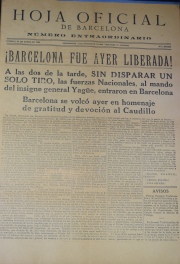 Hoja Oficial de Barcelona, nmero extraordinario del 27 de enero de 1939, editada en una sola hoja con