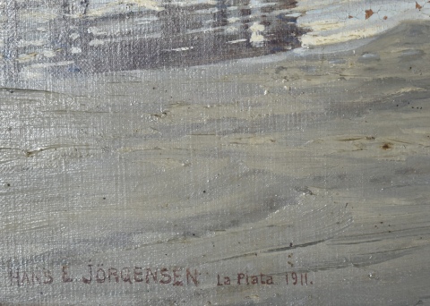 Hans E. Jorgensen. PECADORES (Ro Santiago), leo. Mide: 32 x 48 cm. saltaduras en marco.