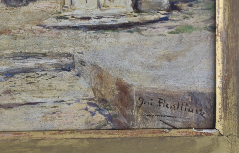 Jos Benlliure, Patio Espaol, leo sobre tabla, marco con peq. faltantes. Mide: 19 x 24,8 cm.
