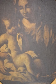 ESCUELA DE BERNARDO STROZZI IL CAPPUCCINO, Virgen y el Nio, leo sobre tela. Desperfectos. Mide: 101 x 76 cm.
