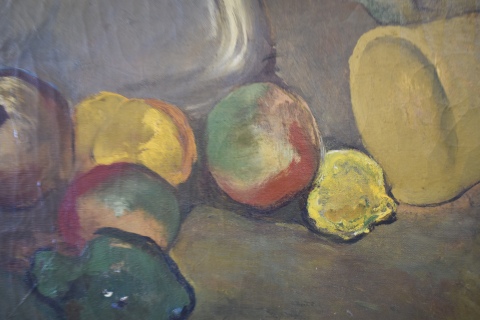 Victorica, Miguel C. Bandeja de plata con frutas, leo de 70 x 110 cm. Colecc. Domingo E. Minetti.