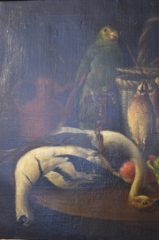 'Naturaleza muerta con Canasta y loro', leo sobre tela firmado Art.T.Cor C. 1861. Desperfectos. Mide: 66 x 84 cm.
