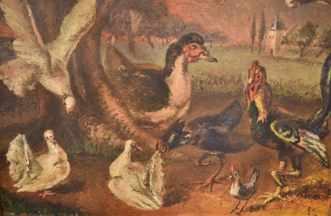 Cesar Bustillo. 'Aves en un paisaje', leo firmado C.B. 44. Mide 82 x 112 cm.