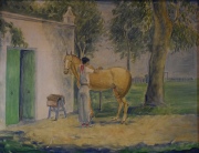 Bustillo A. ensillando, leo, firmado A.B. 73. (Gaucho con caballo). 50 x 65 cm.